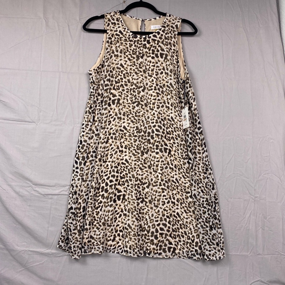 Calvin Klein Leopard Print Sleeveless Shift Dress Women 12 Brown Light NWT $119